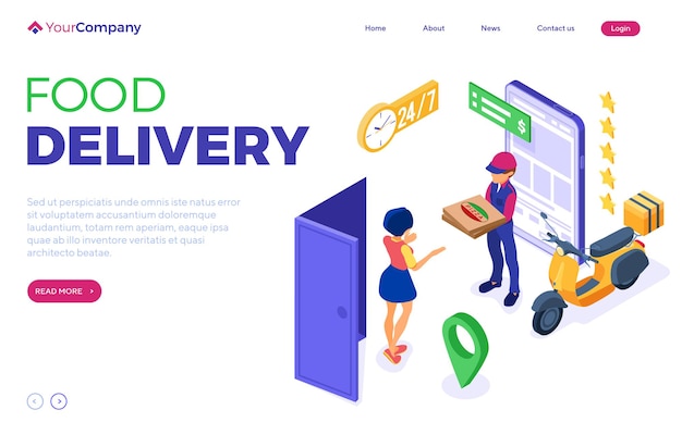 Online food order and delivery service isometric landing page