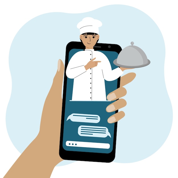 Online food shopping on mobile phone or fast food delivery order The cook holds a tray with a lid or a plate with a cloche