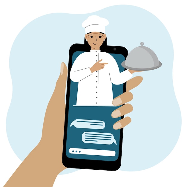 Online food shopping on mobile phone or fast food delivery order The cook holds a tray with a lid or a plate with a cloche