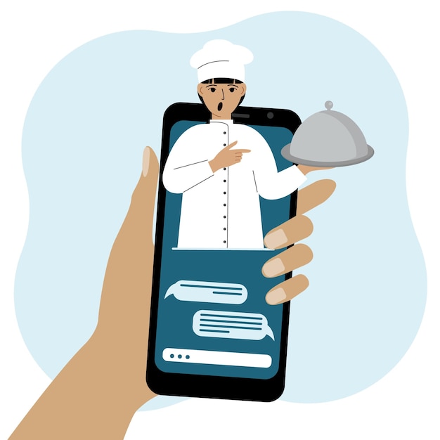 Online food shopping on mobile phone or fast food delivery order The cook holds a tray with a lid or a plate with a cloche