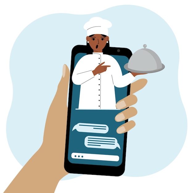 Online food shopping on mobile phone or fast food delivery order The cook holds a tray with a lid or a plate with a cloche