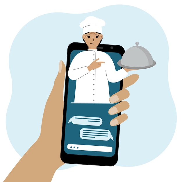 Online food shopping on mobile phone or fast food delivery order The cook holds a tray with a lid or a plate with a cloche