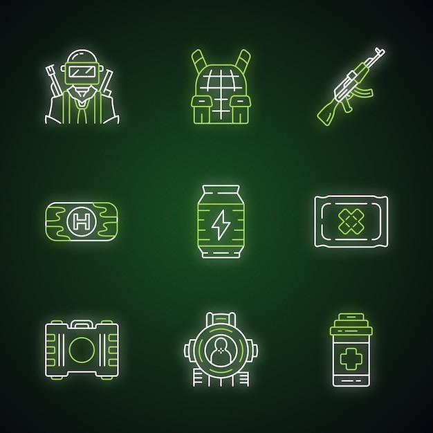 Online game inventory neon light icons set. Esports, cybersports. Soldier, body armor, weapon. First aid, energy drink, bandage, painkiller, shooting aim. Glowing signs.