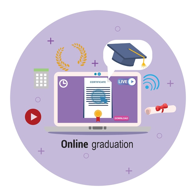 online graduation with graduate cap and online certificate