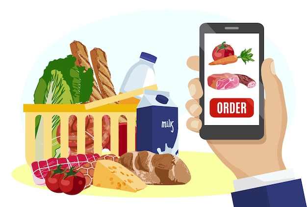 Online groceries shopping concept Person ordering groceries using smartphone mobile application Basket with fresh organic products food delivery concept flat vector illustration