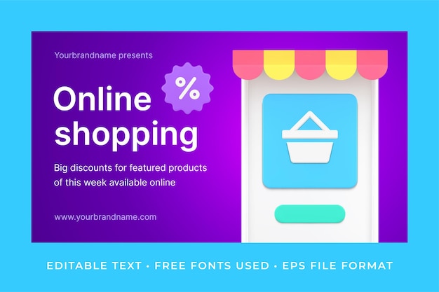 Online grocery shopping sale discount market awning and supermarket basket promo banner 3d icon vector illustration Internet retail order discount special price or limited offer with place for text