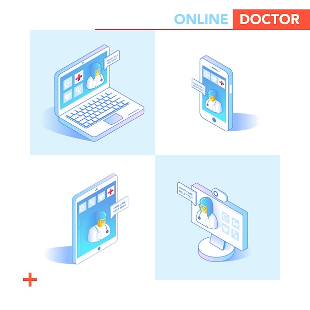 Vector online healthcare isometric concept. medical consultation, diagnostics application on smartphone, computer. modern medical technology with doctor and patient. vector illustration