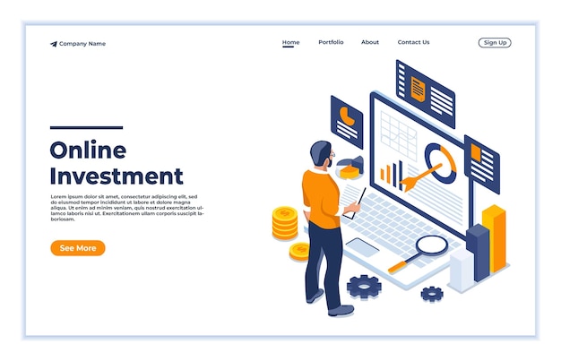 online investment data analysis concept isometric flat style vector illustration