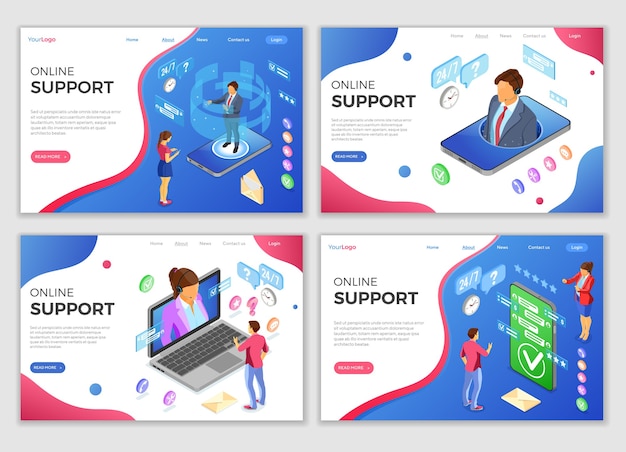 Online isometric customer support landing web page templates