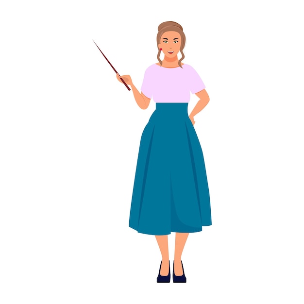 Online learning concept.  Back to school. Female teacher with pointer stick in dress. Vector illustr