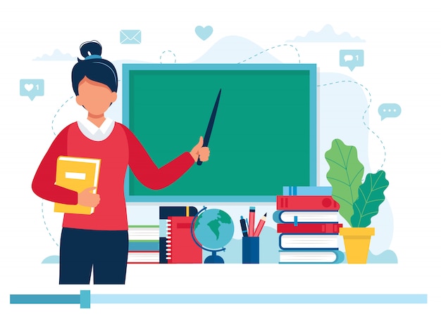 Online learning concept. Female teacher with books and chalkboard, video lesson.