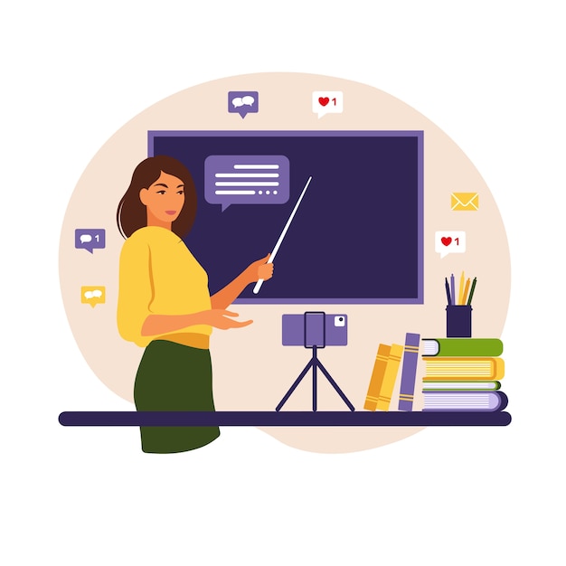 Vector online learning concept teacher at chalkboard video lesson distance study school, illustration flat style