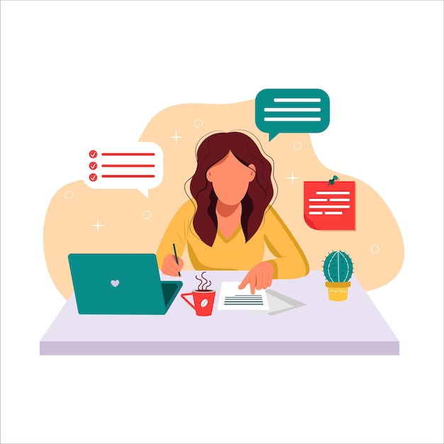 Online learning or working illustration The girl is sitting at the desk