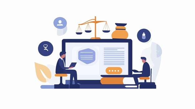 Vector online legal consultation flat illustration with lawyer conceptual legal services image for websites