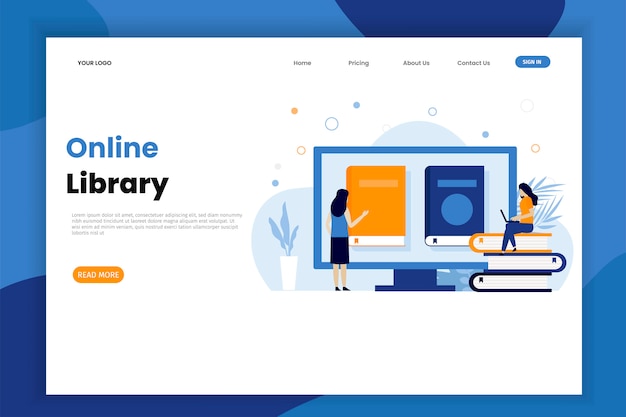 Online library landing page template with character