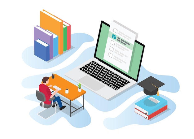 Online or live test exam with people study on computer on the desk table with modern isometric style illustration