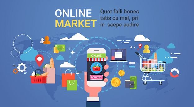 Online Market Hand Holding Smart Phone Ordering Products Grocery Shopping And Food Delivery Concept