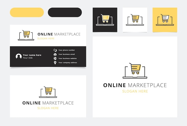 Online marketplace logo design with editable slogan Business card and branding book template