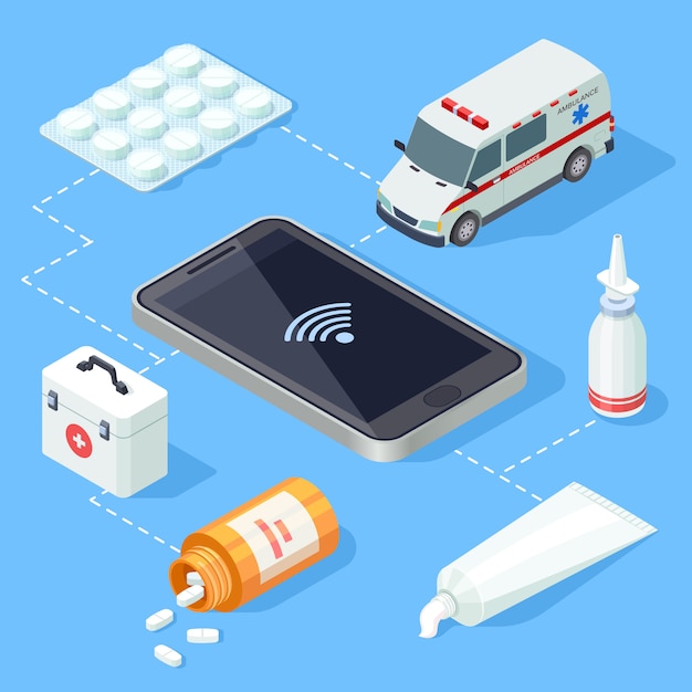 Online medical app for first aid isometric vector