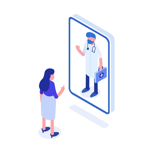 Online medical consultation Woman makes a video call to a doctor for medical advice Vector illustrationxA