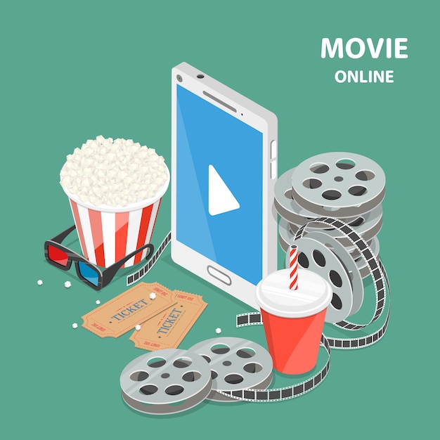 Online movie flat isometric low poly vector concept.