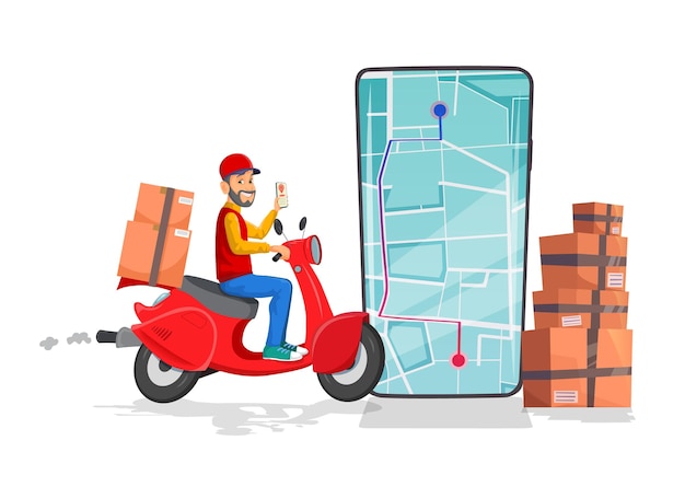 Online order and delivery by scooter concept with boxes and map locator on a phone