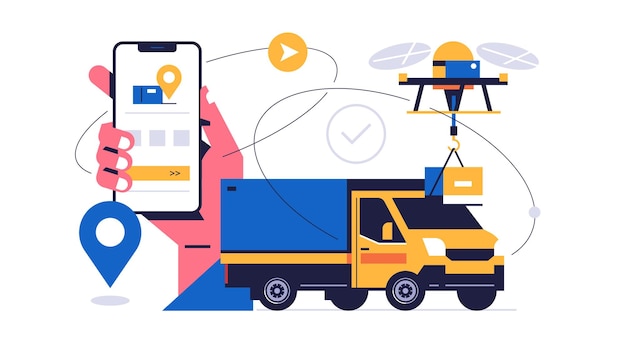 Online parcel delivery service concept Mobile app concept Hand holding phone with parcel delivery application on display Courier truck and flying drone with order box Fast order transportation