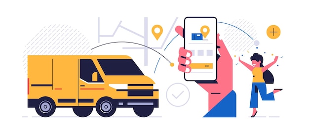 Online parcel delivery service concept Mobile app concept Hand holding phone with parcel delivery application on display The truck brought the order to a happy woman Flat vector illustration