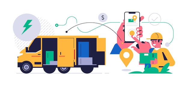 Online parcel delivery service concept Mobile app concept Hand holding phone with parcel delivery application on display Truck with boxes courier with order box Flat vector illustration