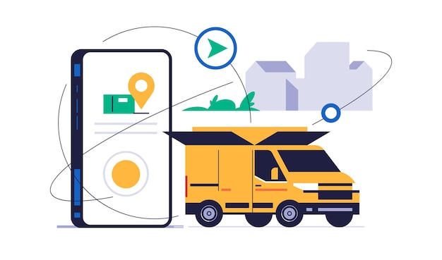 Online parcel delivery service concept Mobile app concept Phone with parcel delivery app on display Yellow courier truck in the form of an order box on the background of the city and the phone