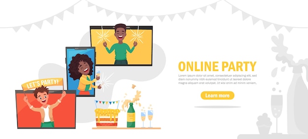 Vector online party banner template, happy friends celebrating virtual birthday via video call. flat cartoon illustration