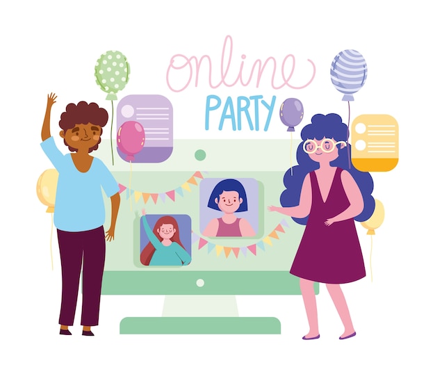 Online party, couple celebrating with friends by internet