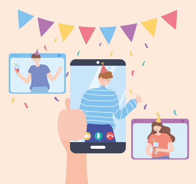 Online party, hand holding smartphone with man celebrating with friends