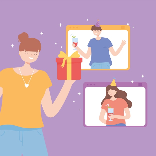 Online party, happy girl with gift and people celebrating connected by smartphone vector illustration