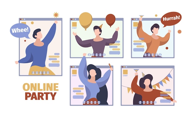 Vector online party. happy people celebrated at video conference method festival on monitor screen business characters digital celebration birthday vector concept. screen celebration online illustration