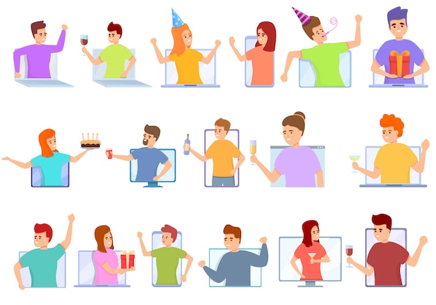 Online party icons set. Cartoon set of online party icons