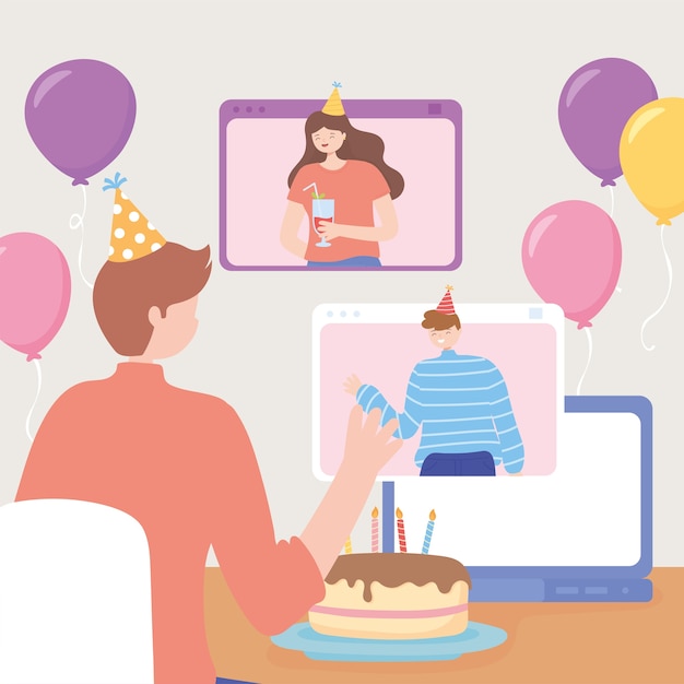 Online party, man with cake and balloons celebration with friends by computer