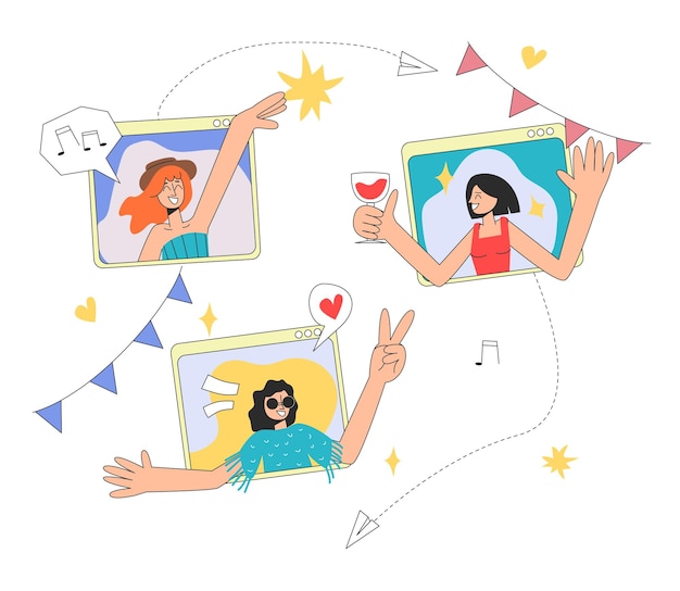 Online party Three girls communicate and have fun on a video call The concept of rest and celebration Vector stock illustration in flat style on white background