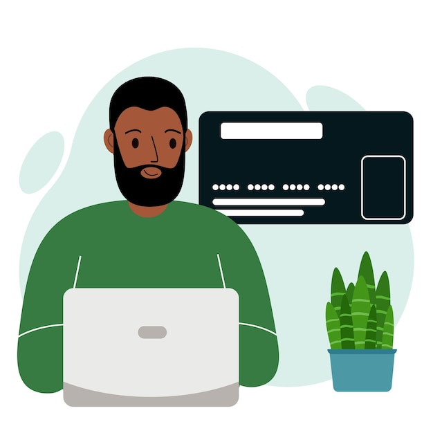 Online payment concept. Close up of a large credit card. A man holding a laptop in his hand. Vector flat illustration