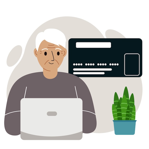 Online payment concept. Close up of a large credit card. Old man, grandfather, with a laptop. Vector flat illustration