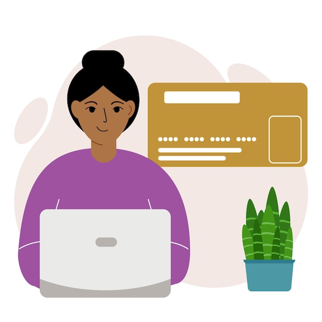 Online payment concept. Close up of a large credit card. A woman holding a laptop in his hand.