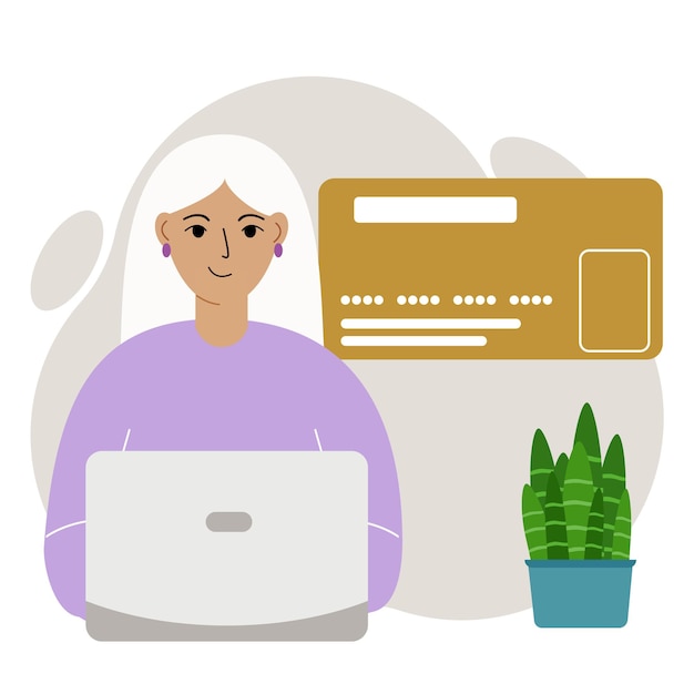 Online payment concept. Close up of a large credit card. A woman holding a laptop in his hand.