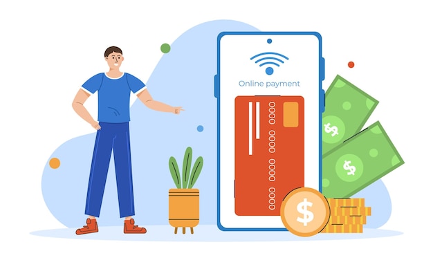 Online payment concept Money tranfer NFC payment Ecommerce market shopping online illustration with character Vector illustration