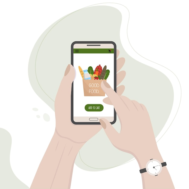 Online payment concept with hand. Vector food delivery illustration