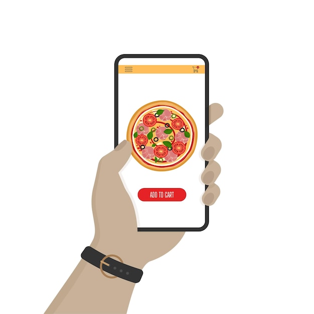 Online payment concept with hand. Vector food delivery illustration