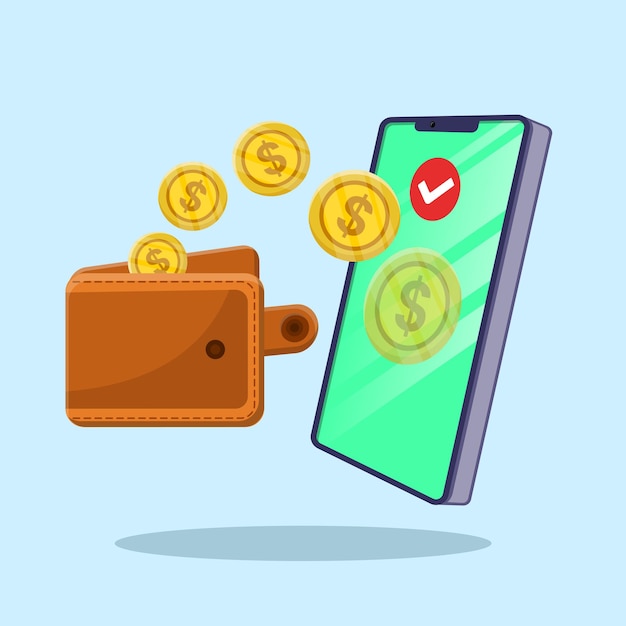 Online payment mobile phone wallet with money and coins in vector illustration