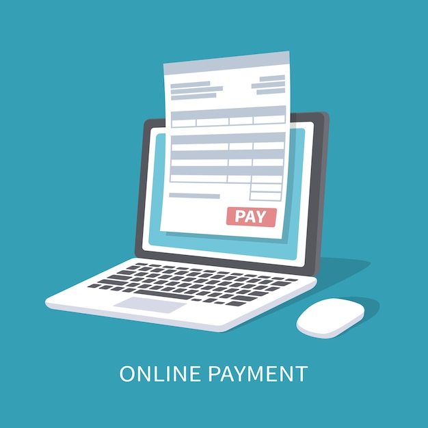 Online payment service. Document form on the laptop screen with a pay button.  illustration isolated.