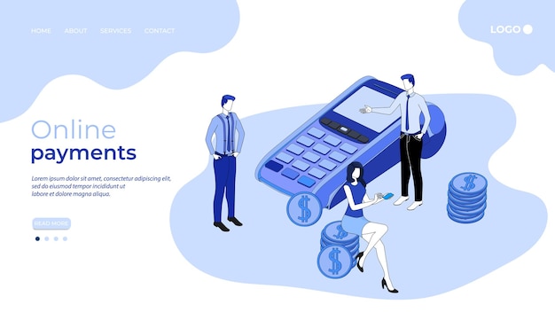 Online payments people on the background of a large payment terminal and coins