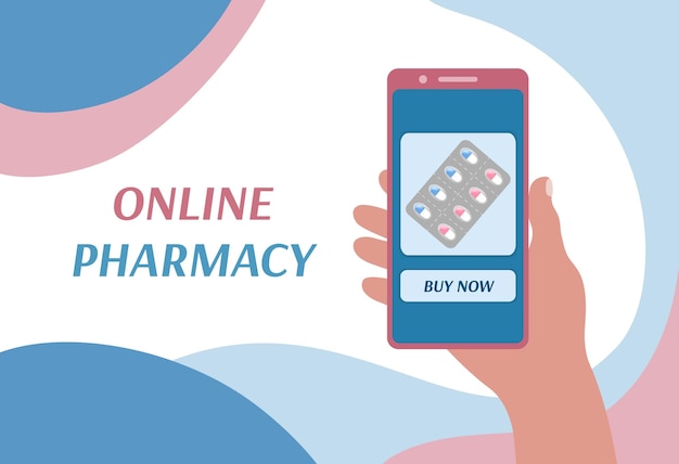 Online pharmacy banner design Purchase of medicines in mobile phone application Person holding smartphone and ordering pills in internet store Medicines delivery service Flat vector illustration