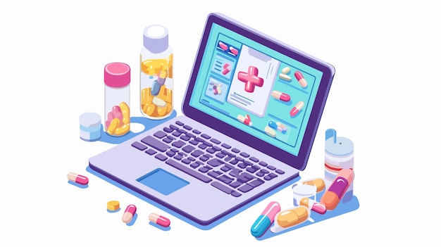 Vector online pharmacy concept with laptop and drugs